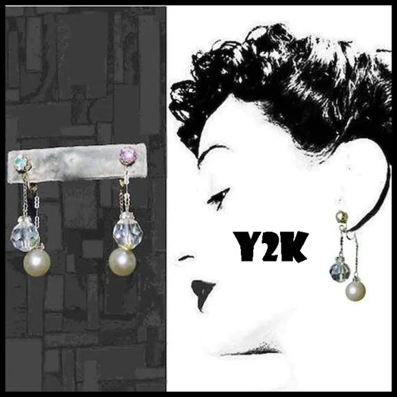 Formal Clip On Dangle Earrings UNIQUE Design Double Dangles Faux Pearl & Crystal - Picture 1 of 12